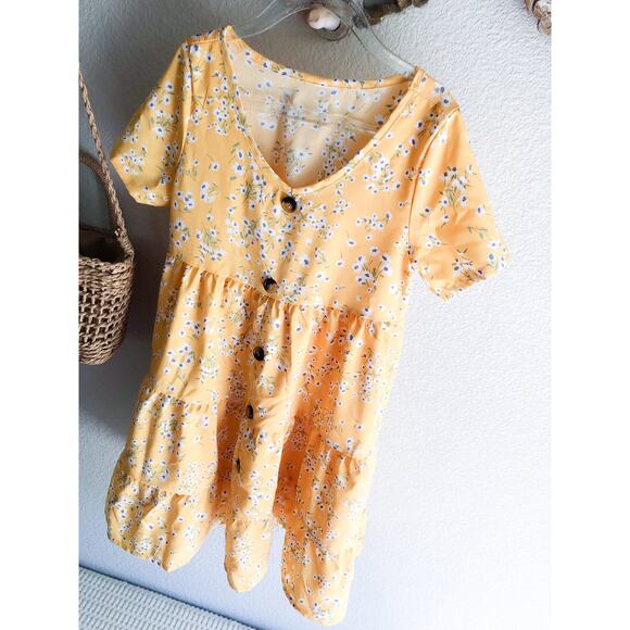 Frolicking In The Flowers Golden Blooming Floral Floaty Swing Dress 6/7 - Picture 3 of 6